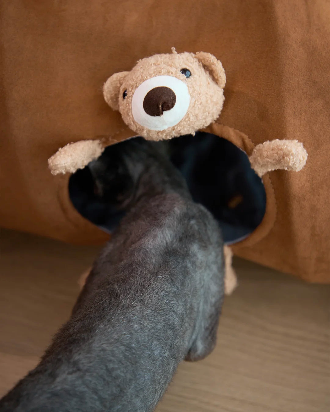 Close-up view of cute bear plush and interactive ball on CharPaw cat tunnel