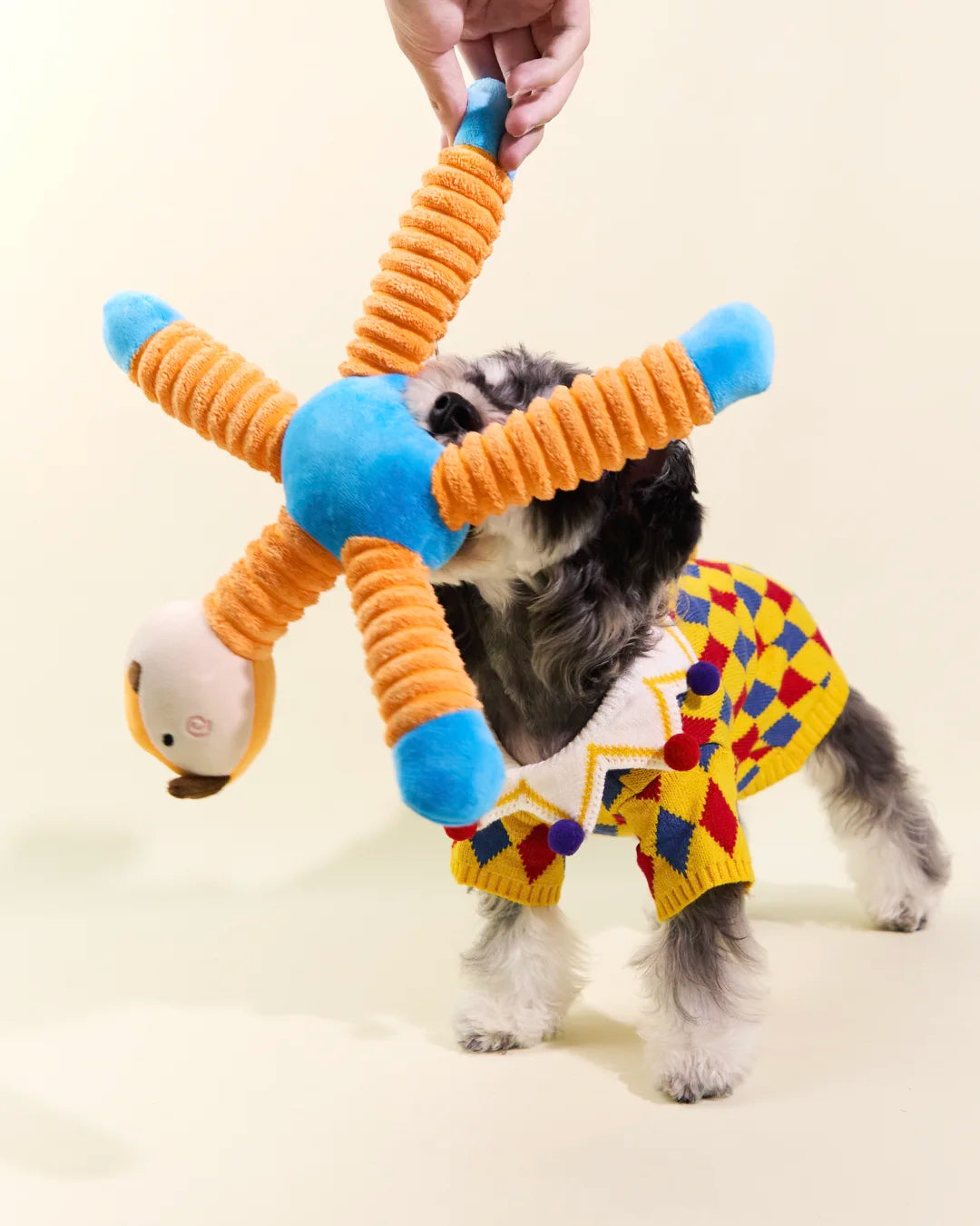 Owner playing tug of war with dog using CharPaw multi-legged plush toy