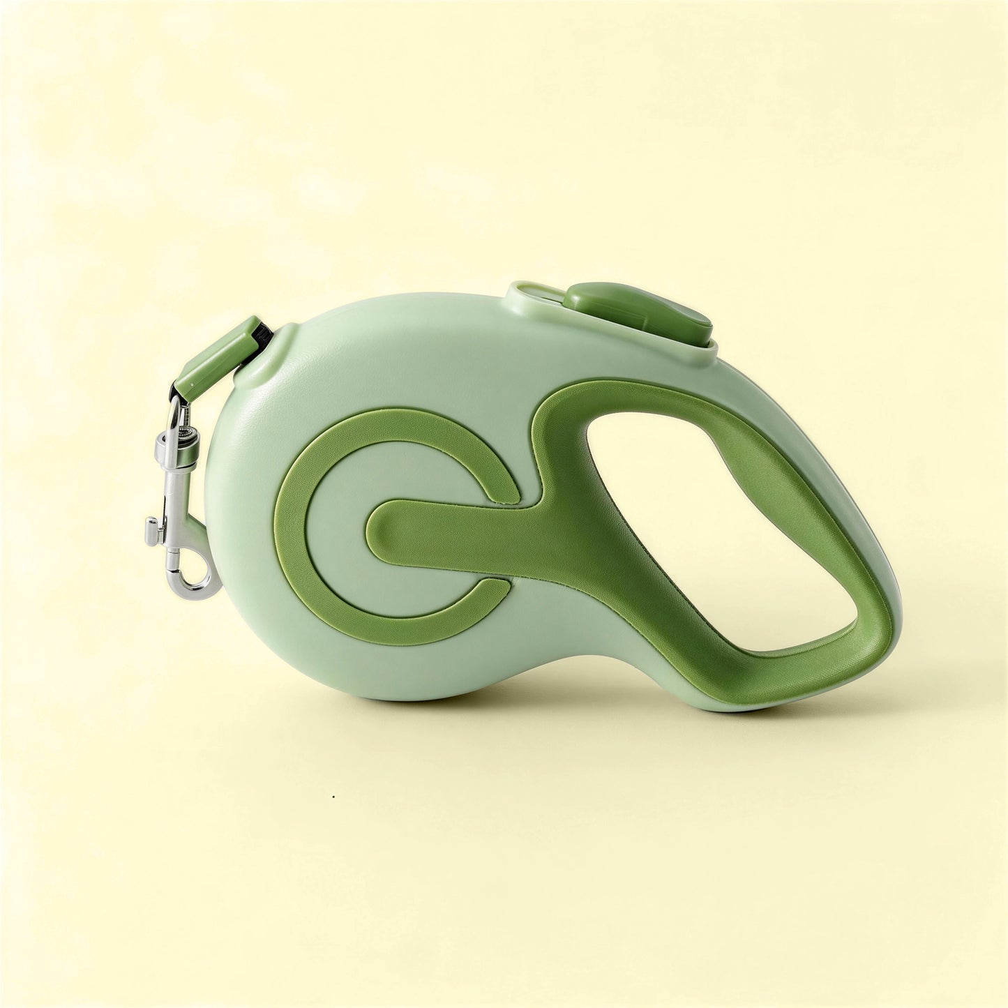 Green colored retractable dog leash shown in a flat lay product photo