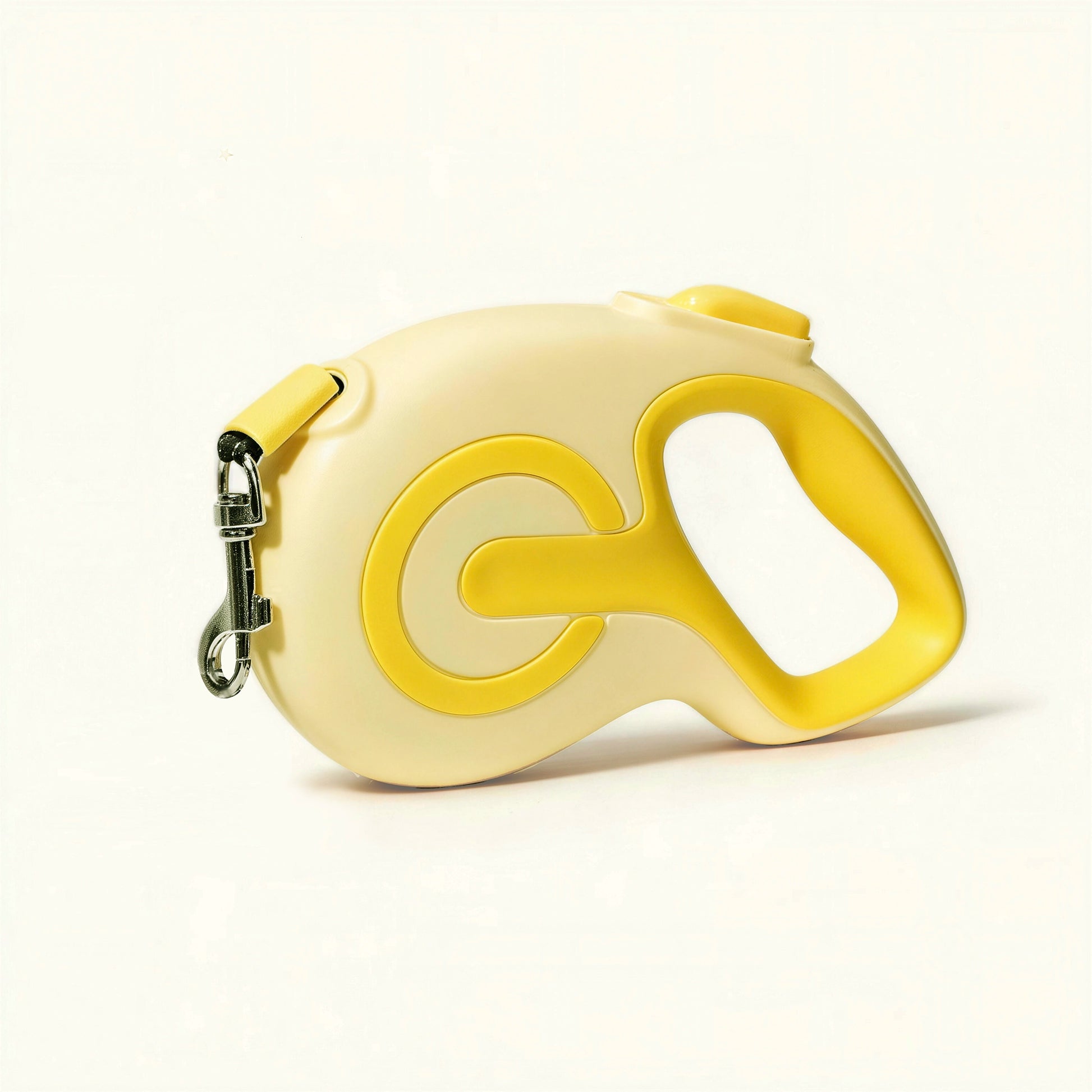 Yellow colored retractable dog leash shown in a flat lay product photo