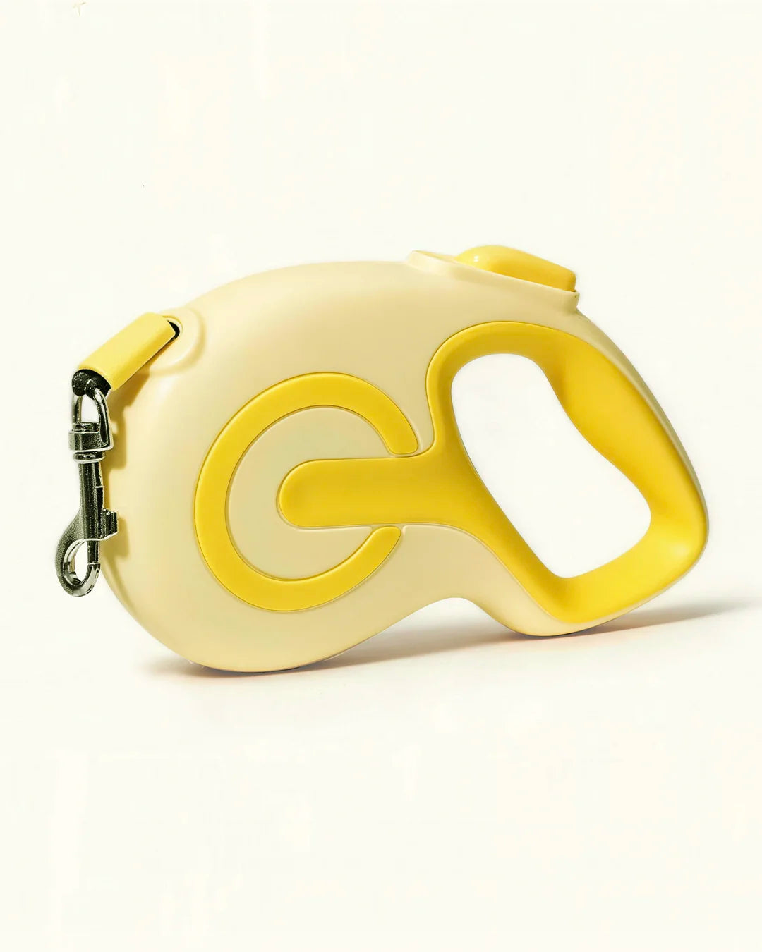 Yellow colored retractable dog leash shown in a flat lay product photo