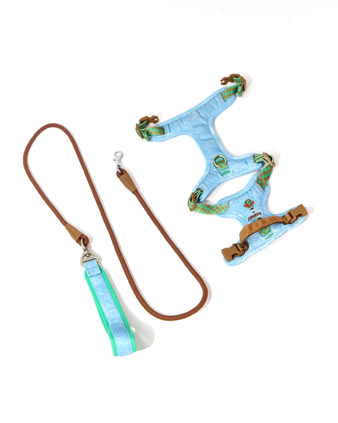 Light blue embroidered denim dog harness set layout