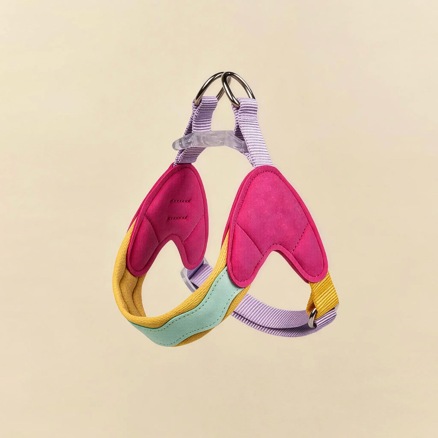 Magenta Multi color dog harness folded flat product shot