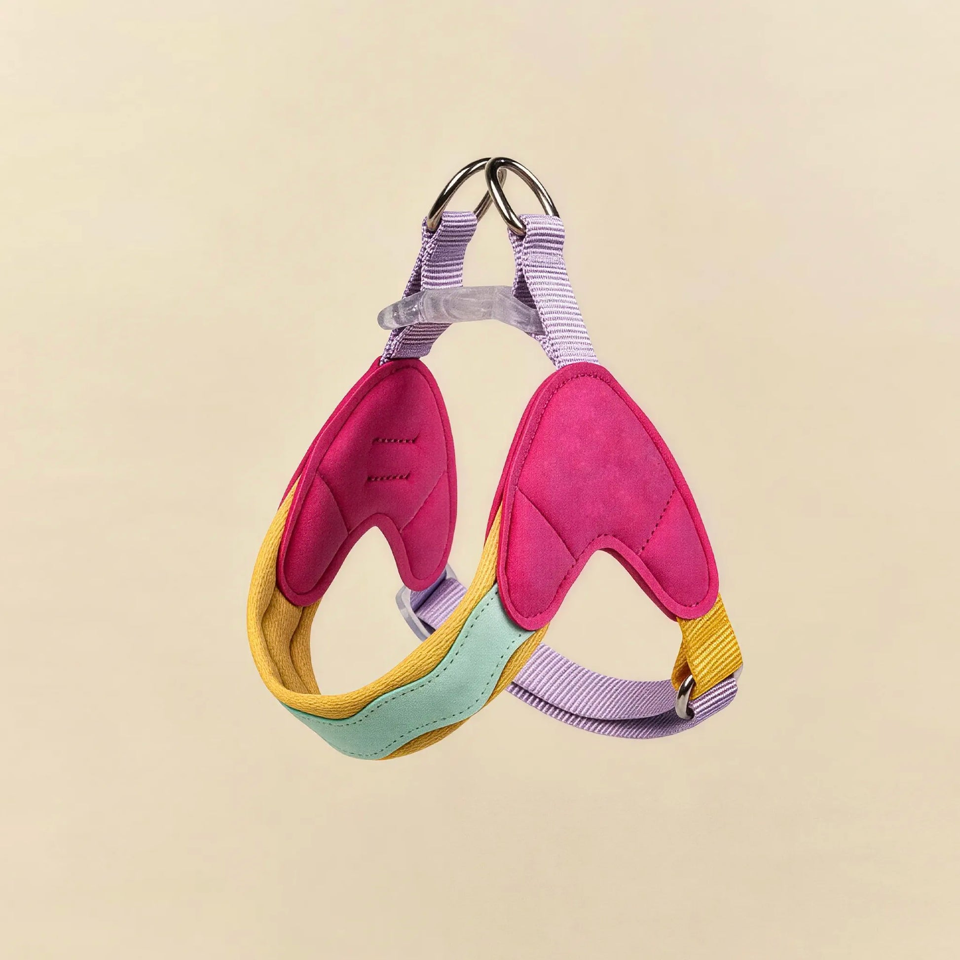 Magenta Multi color dog harness folded flat product shot