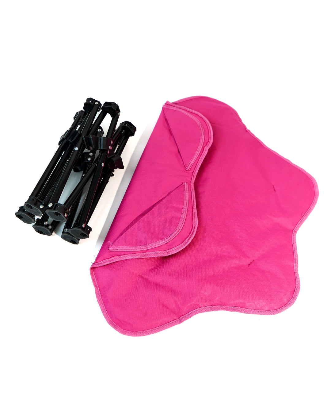 Rose red folding dog bed cover, black steel frame, and travel carry bag