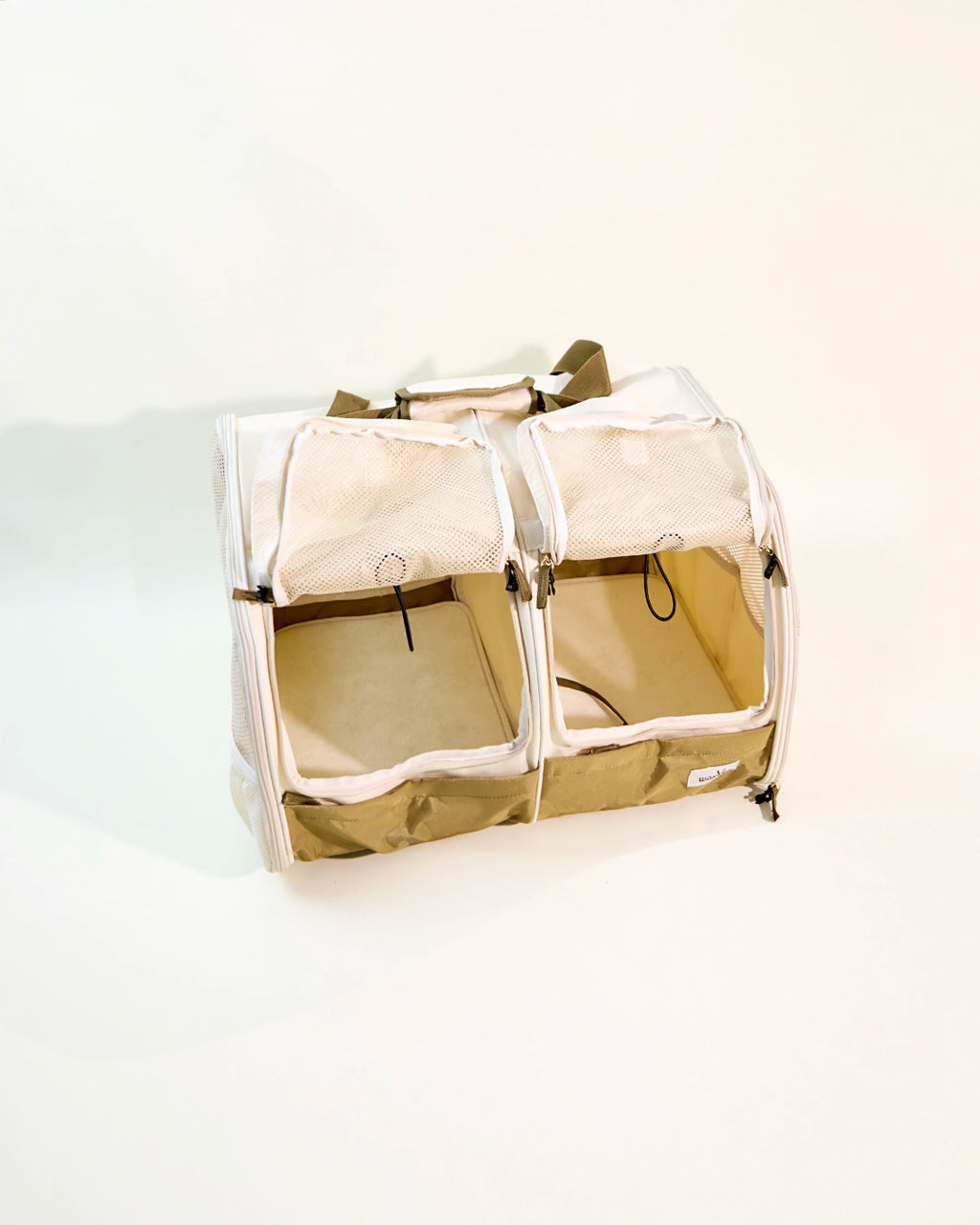 Dual-compartment soft-sided pet carrier bag in khaki and cream