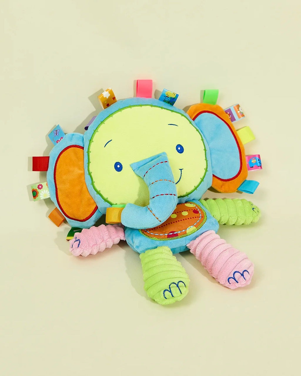 Interactive blue elephant plush toy for dogs with colorful ribbons