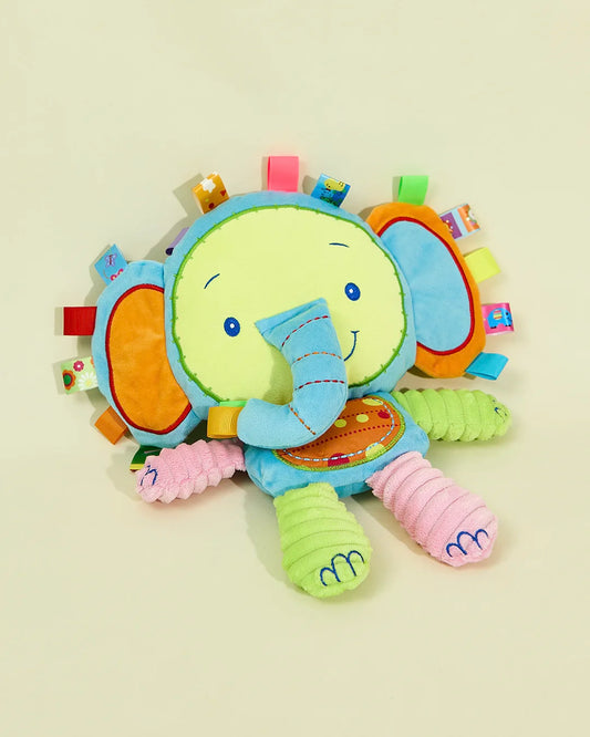 Interactive blue elephant plush toy for dogs with colorful ribbons